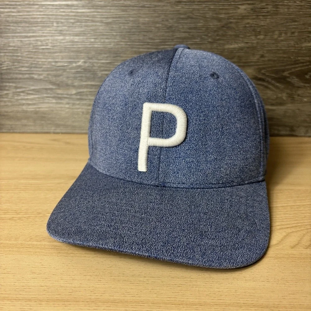 Puma Hat Cap Snap Back Blue White P Script Tour Exclusive Golf Mens Embroidered